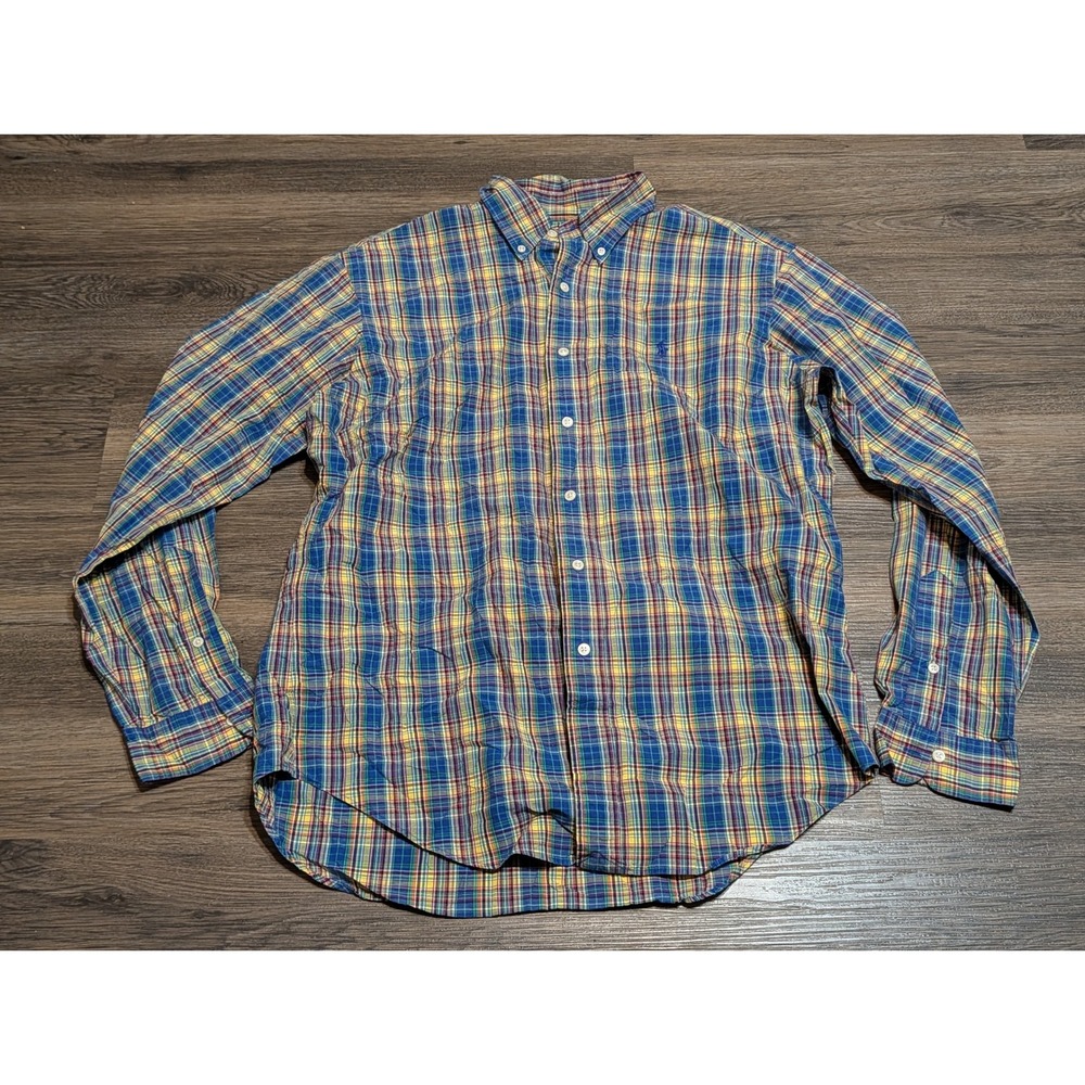 Ralph Lauren Classic Fit Plaid Button Down Shirt Mens Large Blue Yellow Preppy
